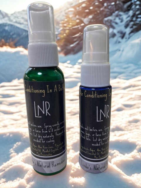 A clear fine-mist spray bottle of Air Conditioning in a Bottle with a glossy Linda's Natural Remedies label, available in 30ml and 60ml sizes.