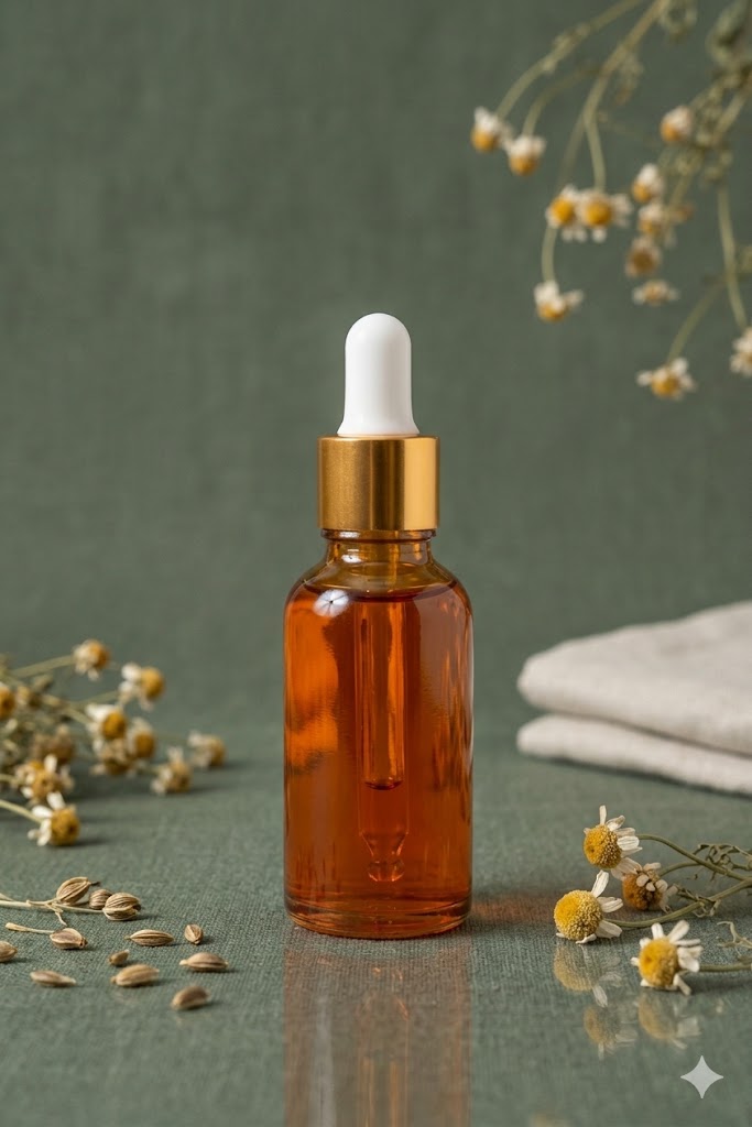 A professional product shot of the 30ml Anti-Aging Antioxidant Glow Oil by Linda's Natural Remedies. The amber-colored glass dropper bottle stands next to its protective matte-textured round cardboard container. The set is displayed on a sage green background with a sprig of dried lavender, emphasizing its role as a restorative night treatment.