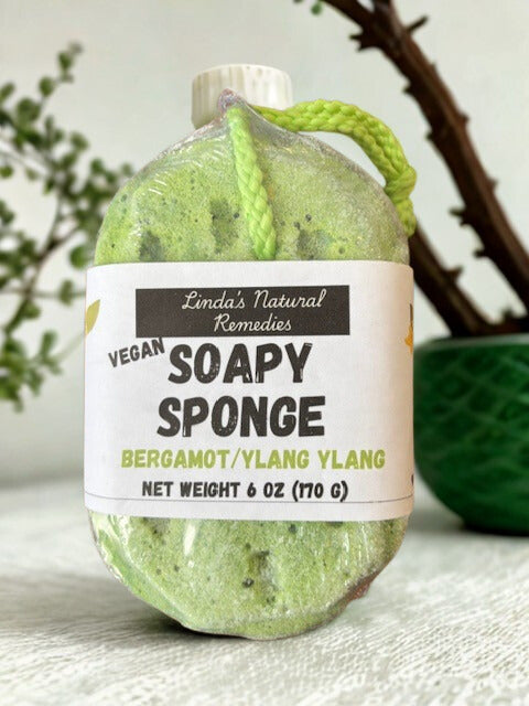 Soap-infused luxury sponge with Bergamot and Ylang Ylang essential oils and natural mica, Linda's Natural Remedies.