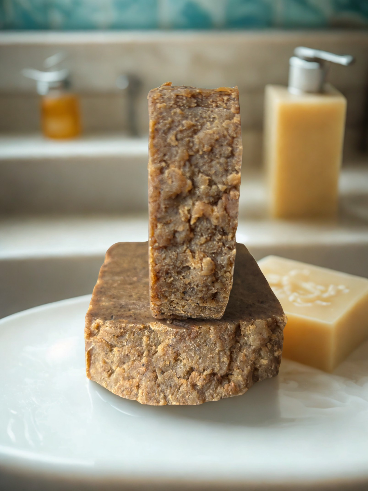 Two stacked soap bars on a white plate with a blurred bathroom background