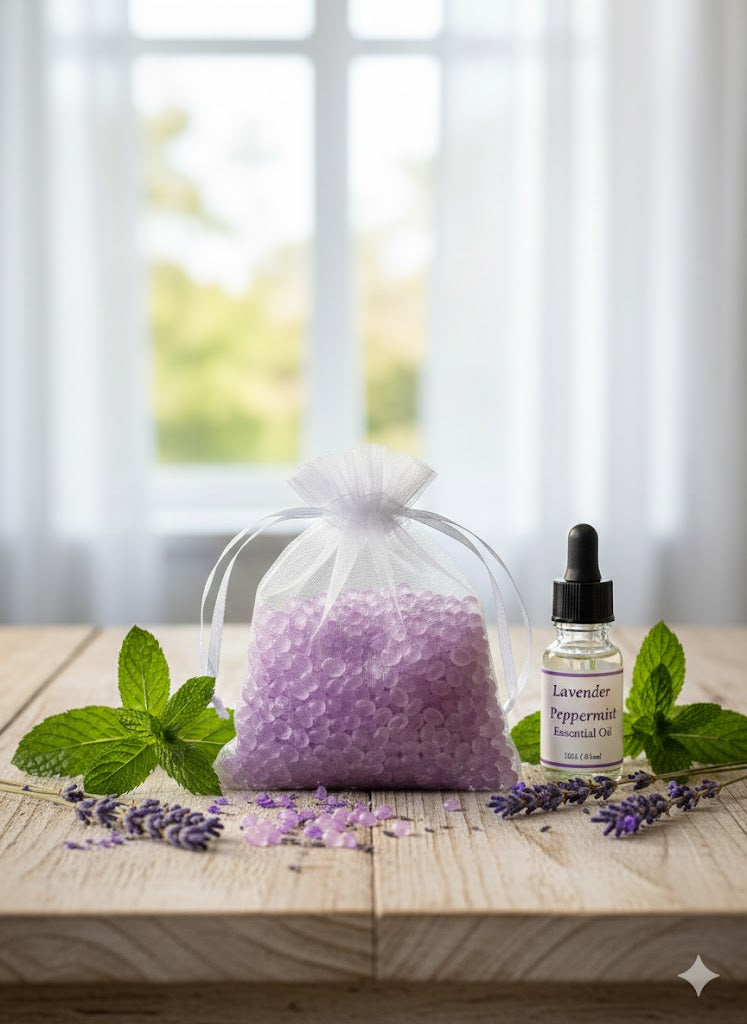 Purple violet mica aroma beads in a white organza sachet, displayed with fresh lavender sprigs and peppermint leaves on a light wood surface.