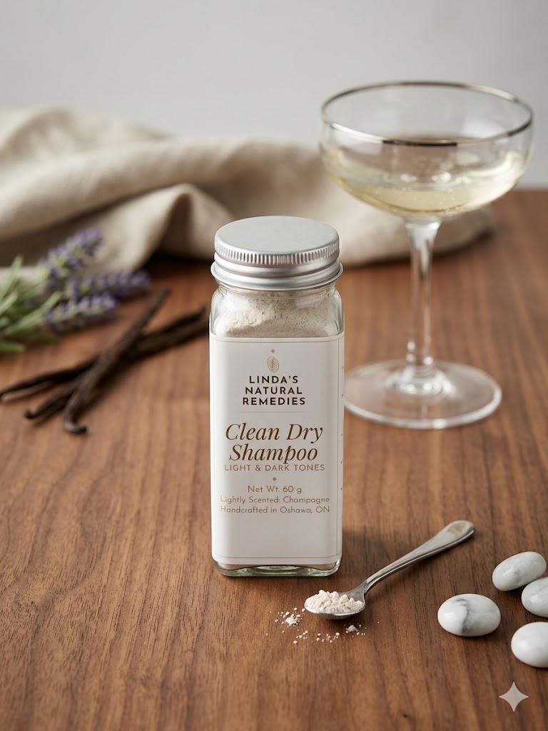 Linda's Natural Remedies Clean Dry Shampoo on a wooden surface with a glass of white wine and vanilla beans.