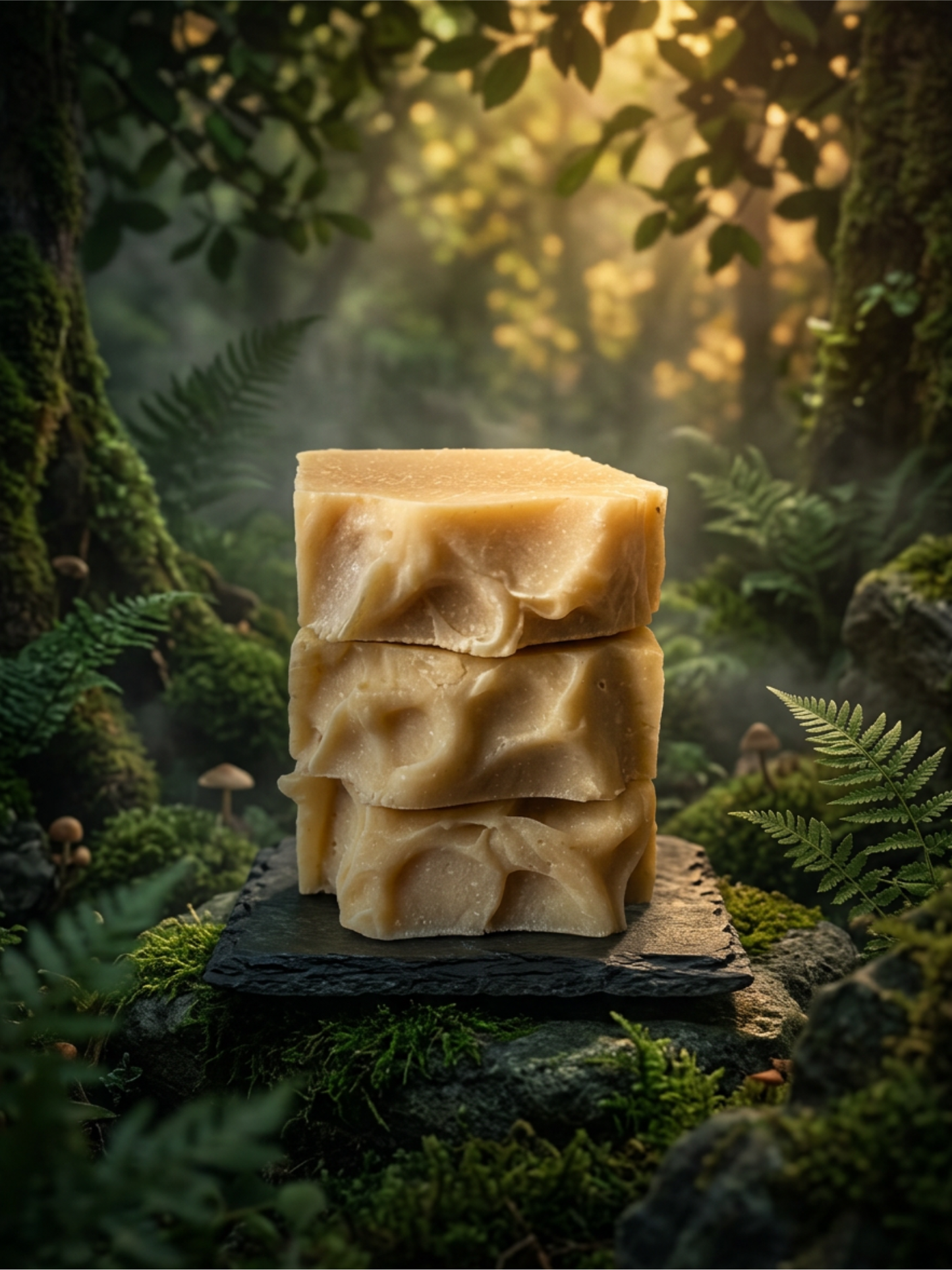 Stack of natural soap bars in a forest setting