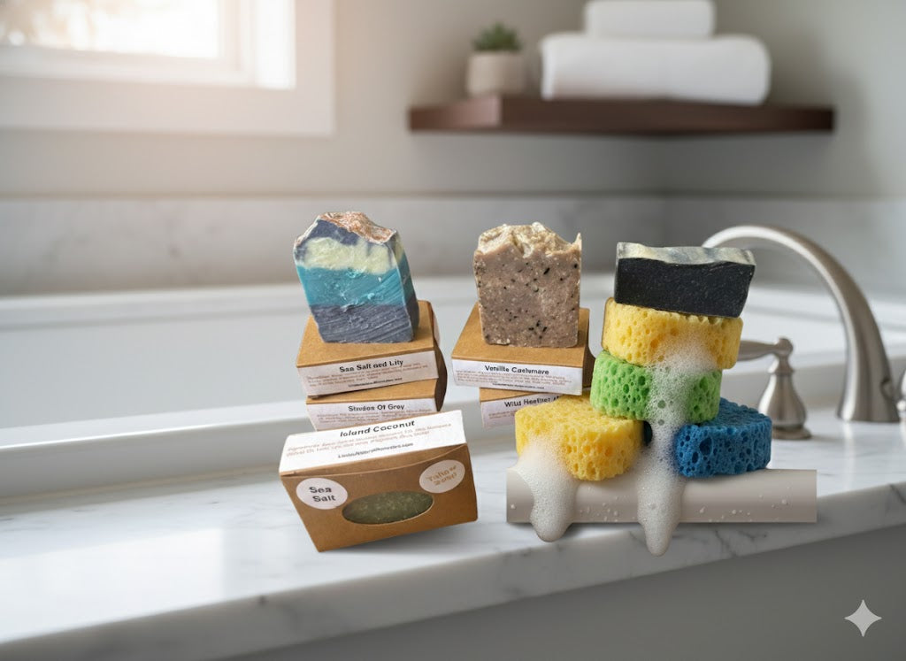 The 8-Month Reserve Collection featuring a row of five artisan tallow soap bars—Fresh Linen, Sicilian Sea Breeze, Wild Heather & Thyme, Vanilla Cashmere, and Sea Salt & Lily—in professional windowed gift boxes.