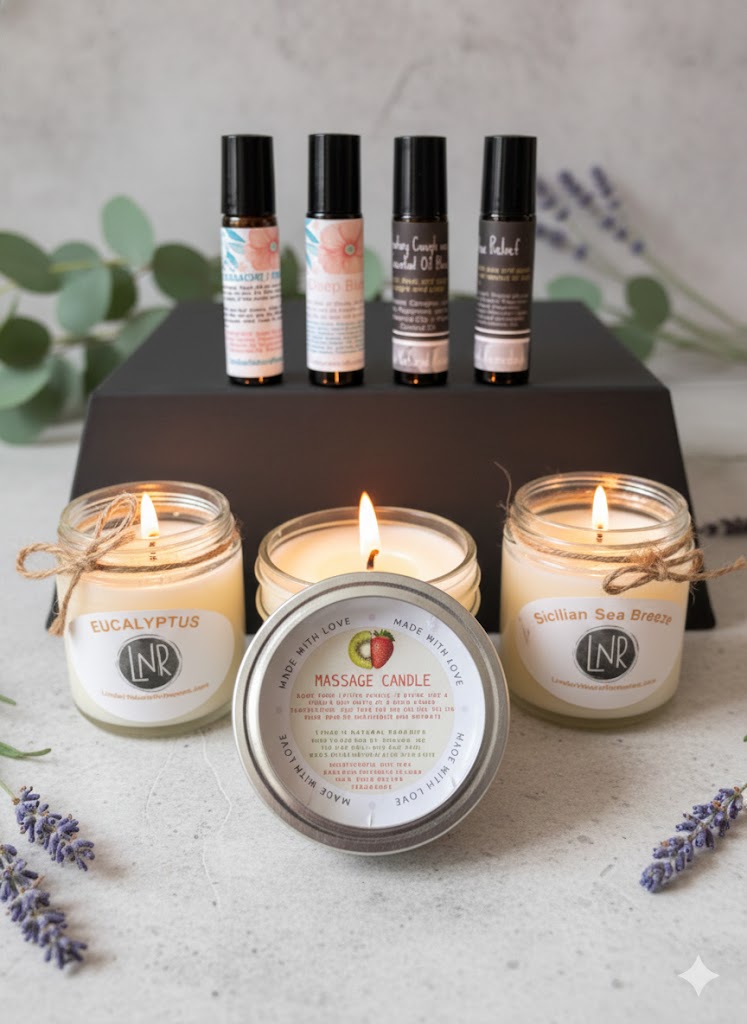 A professional display of the Aromatherapy & Candles Collection featuring essential oil roller ball blends, lit soy candles, and a tin massage candle arranged with fresh lavender and eucalyptus on a textured grey surface