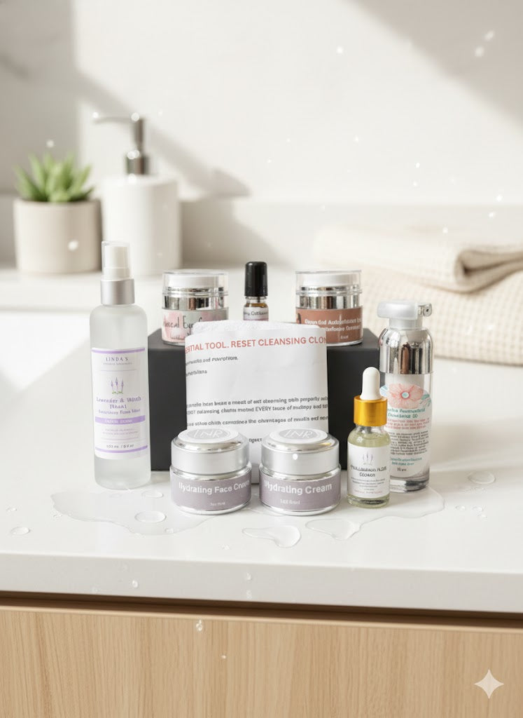 A professional collection of Linda's Natural Remedies face care products, including cleansers, mists, and creams, displayed on a bright marble bathroom vanity with a 30ml gold-topped hyaluronic acid dropper bottle.