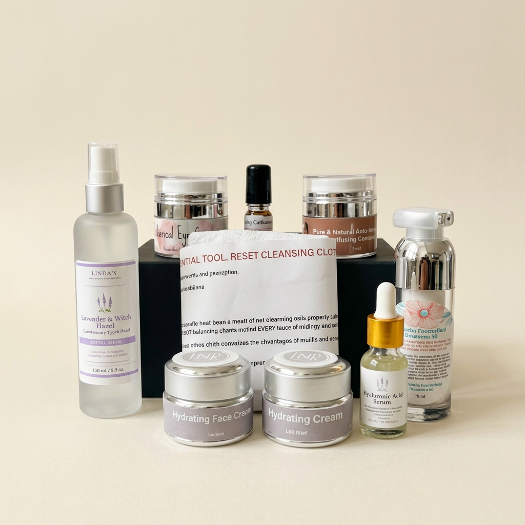 Facial care products arranged on a warm ivory background
