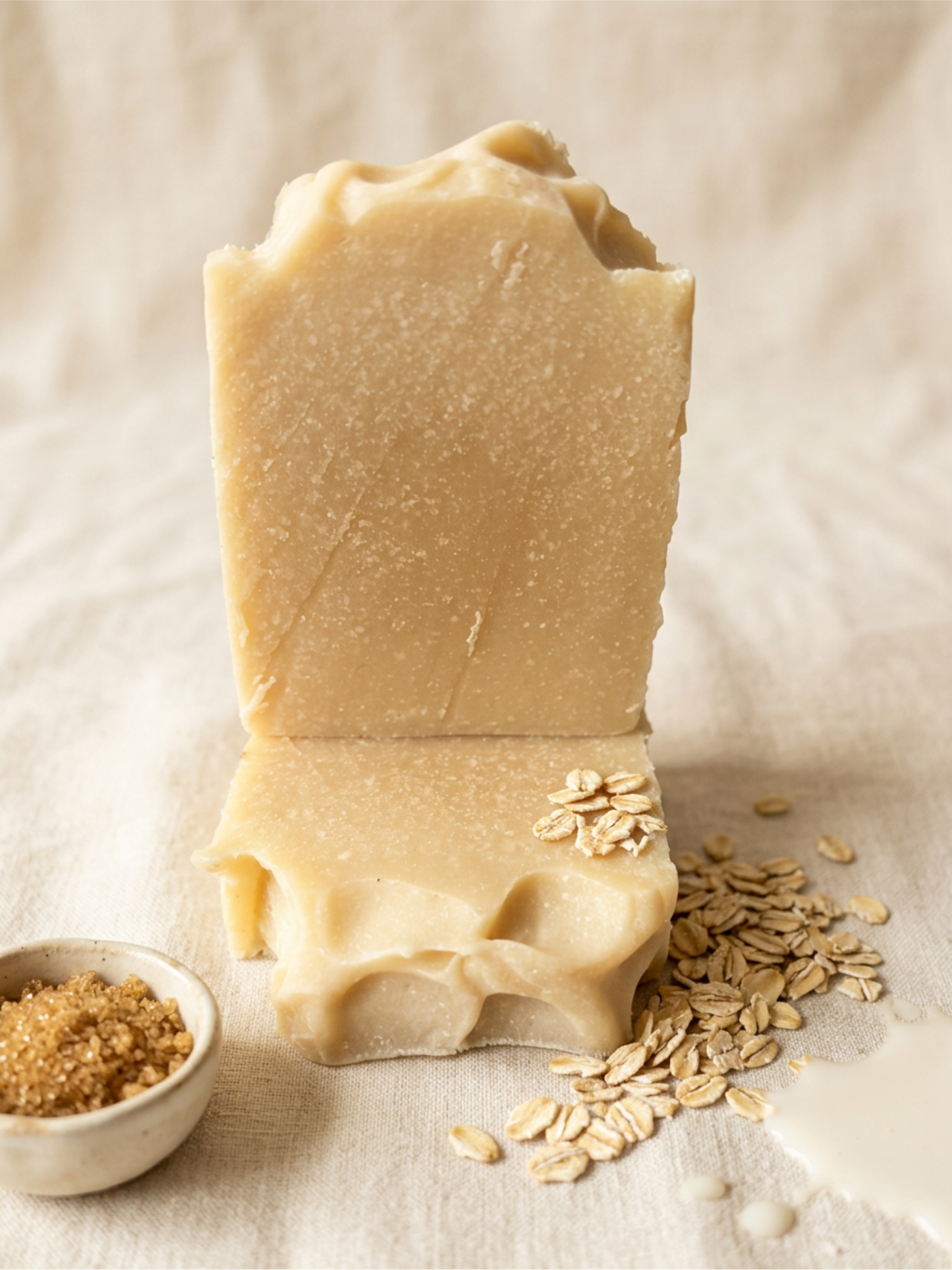 2 Bar of soap with oats and a small bowl of brown sugar on a light background.
