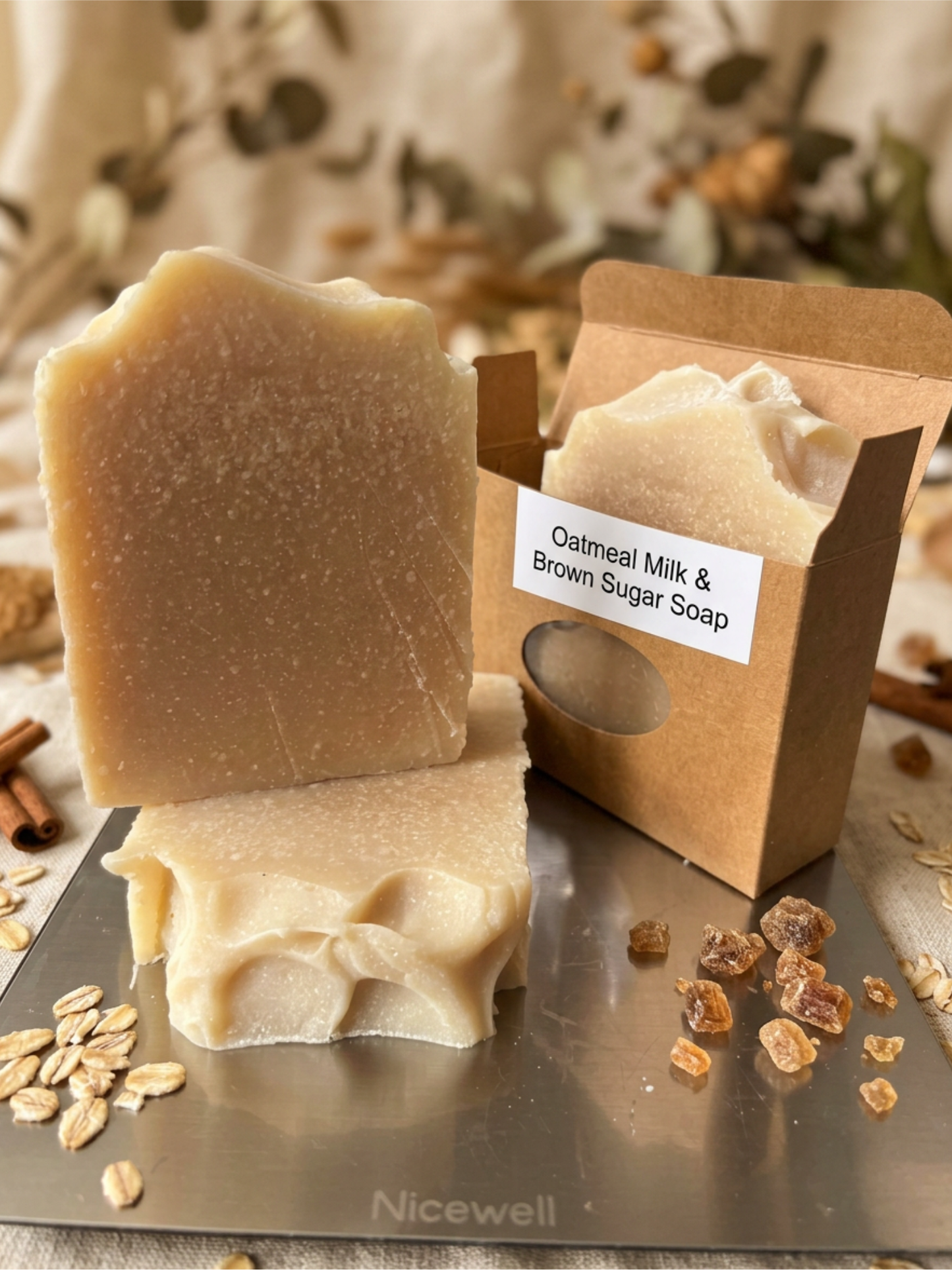 Three bars of soap with a box labeled 'Oatmeal Milk & Brown Sugar Soap' on a metallic surface.