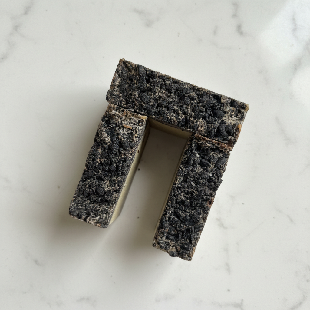 Creamy Cocoa & Vanilla Bean Soap — three bars showing dark charcoal exterior and creamy vanilla swirl interior on a white marble surface