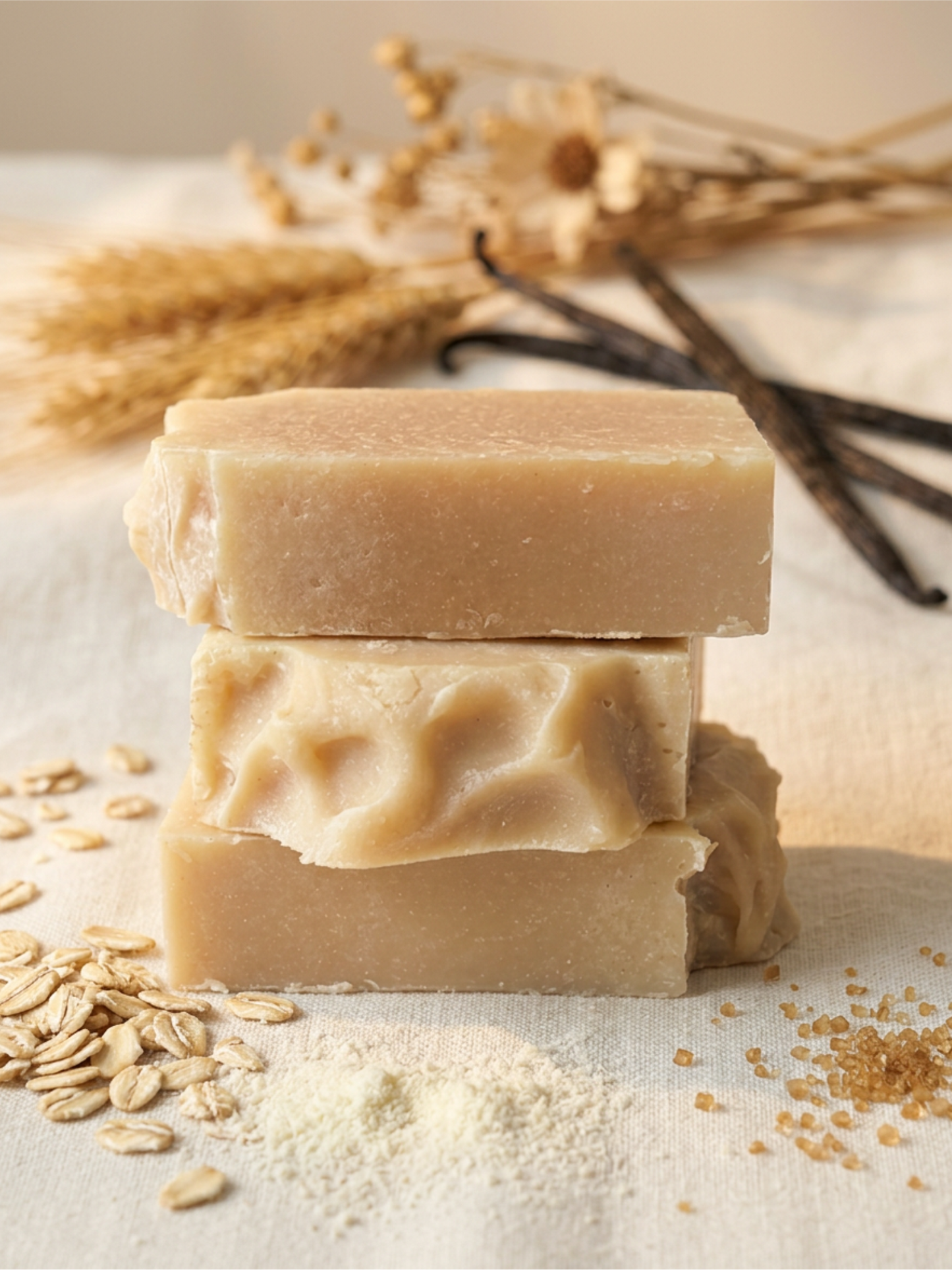 Three bars of natural soap stacked on a surface with oats and wheat stalks in the background.