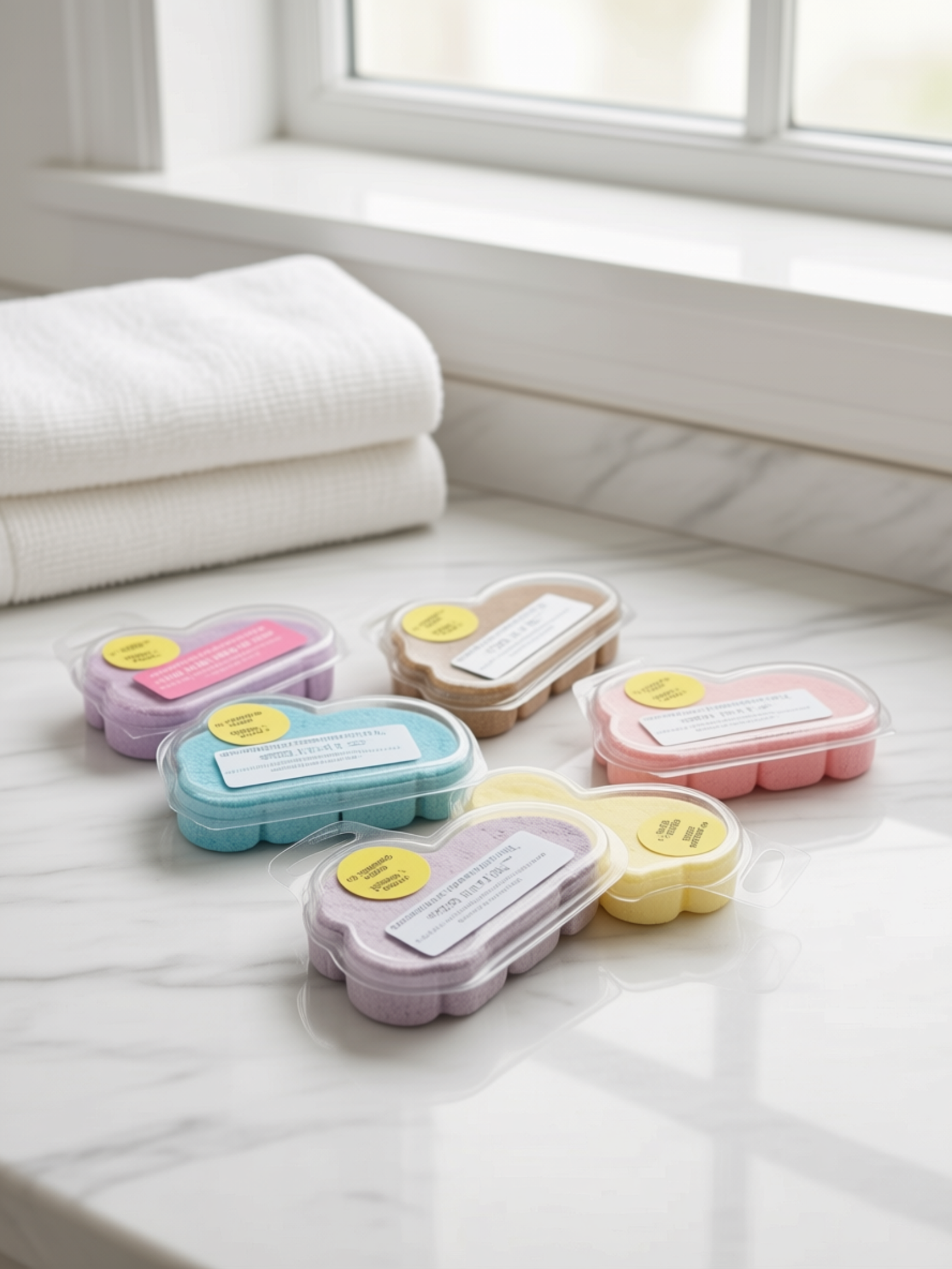 All my clam shell container sitting on bathroom countertop.