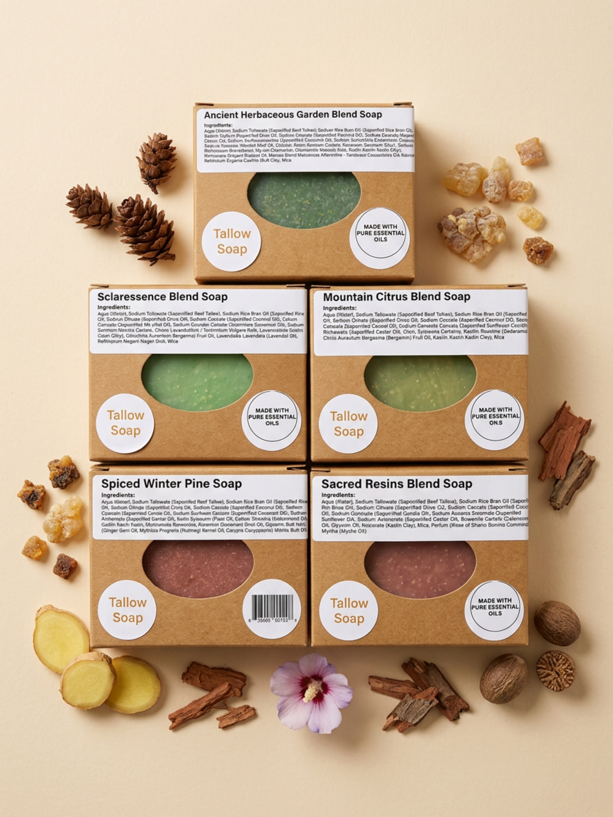 All Boxed Limited Reserve collection soaps with some of the essential oils used.