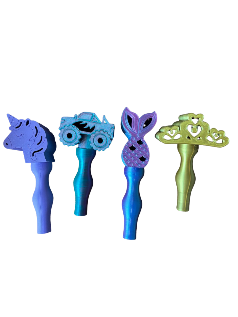Four colorful cartoon-style character nozzles on a white background