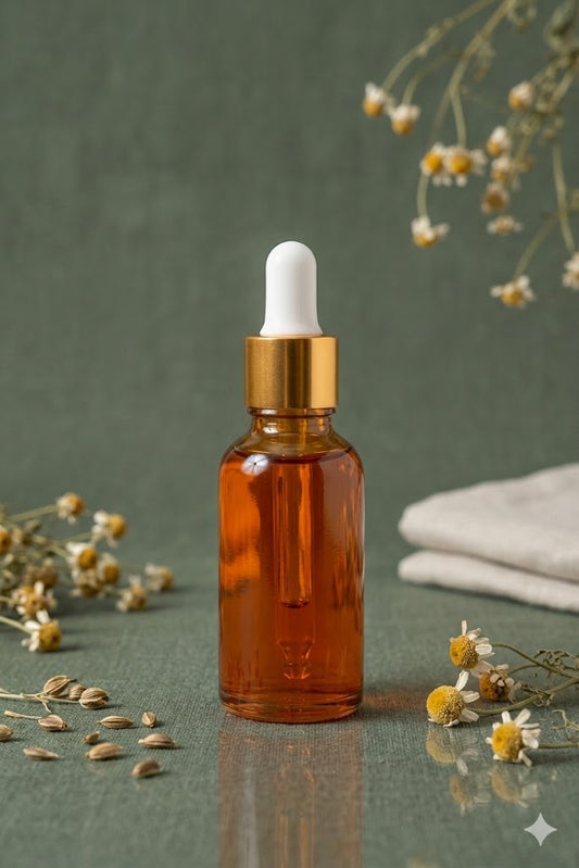 A professional product shot of the 30ml Anti-Aging Antioxidant Glow Oil by Linda's Natural Remedies. The amber-colored glass dropper bottle stands next to its protective matte-textured round cardboard container. The set is displayed on a sage green background with a sprig of dried lavender, emphasizing its role as a restorative night treatment.