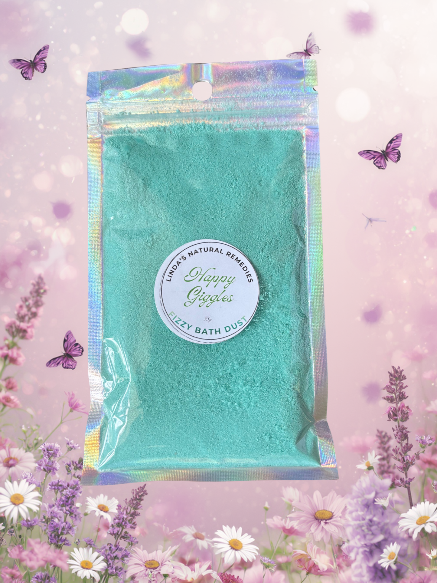Happy giggles scented qua bath dust with flowered background.