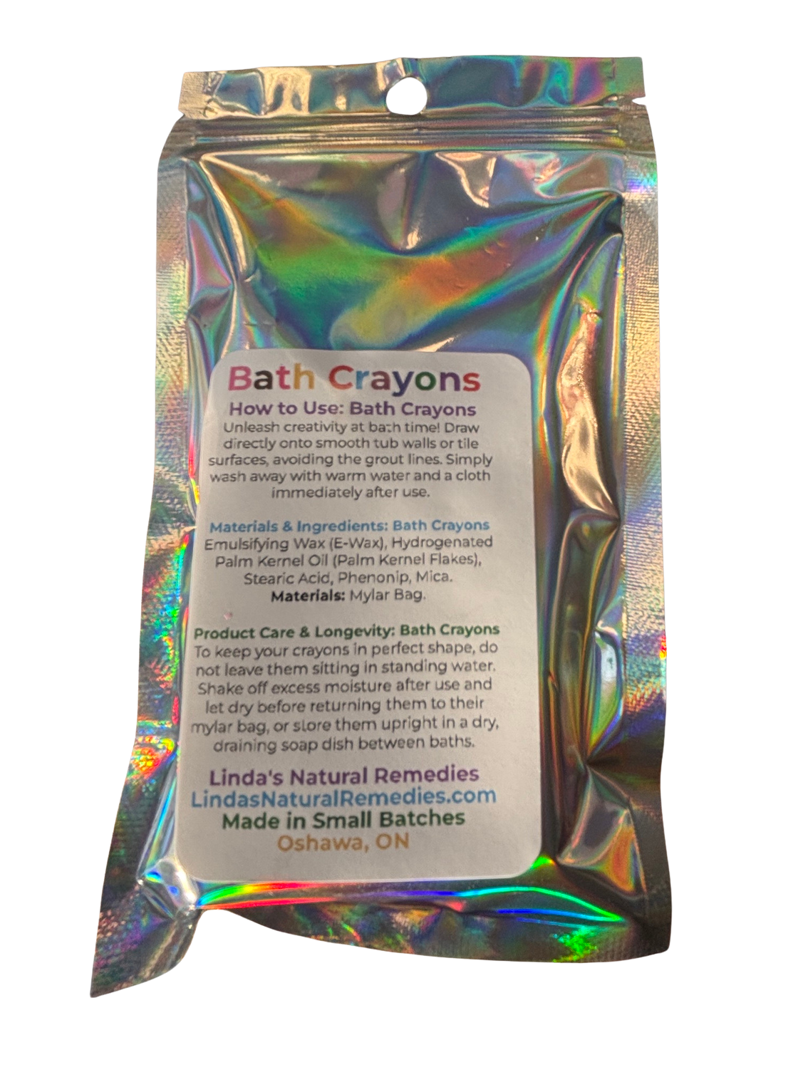 Label showing "how to use", "materials and ingredients" and "product care" for bath crayons.
