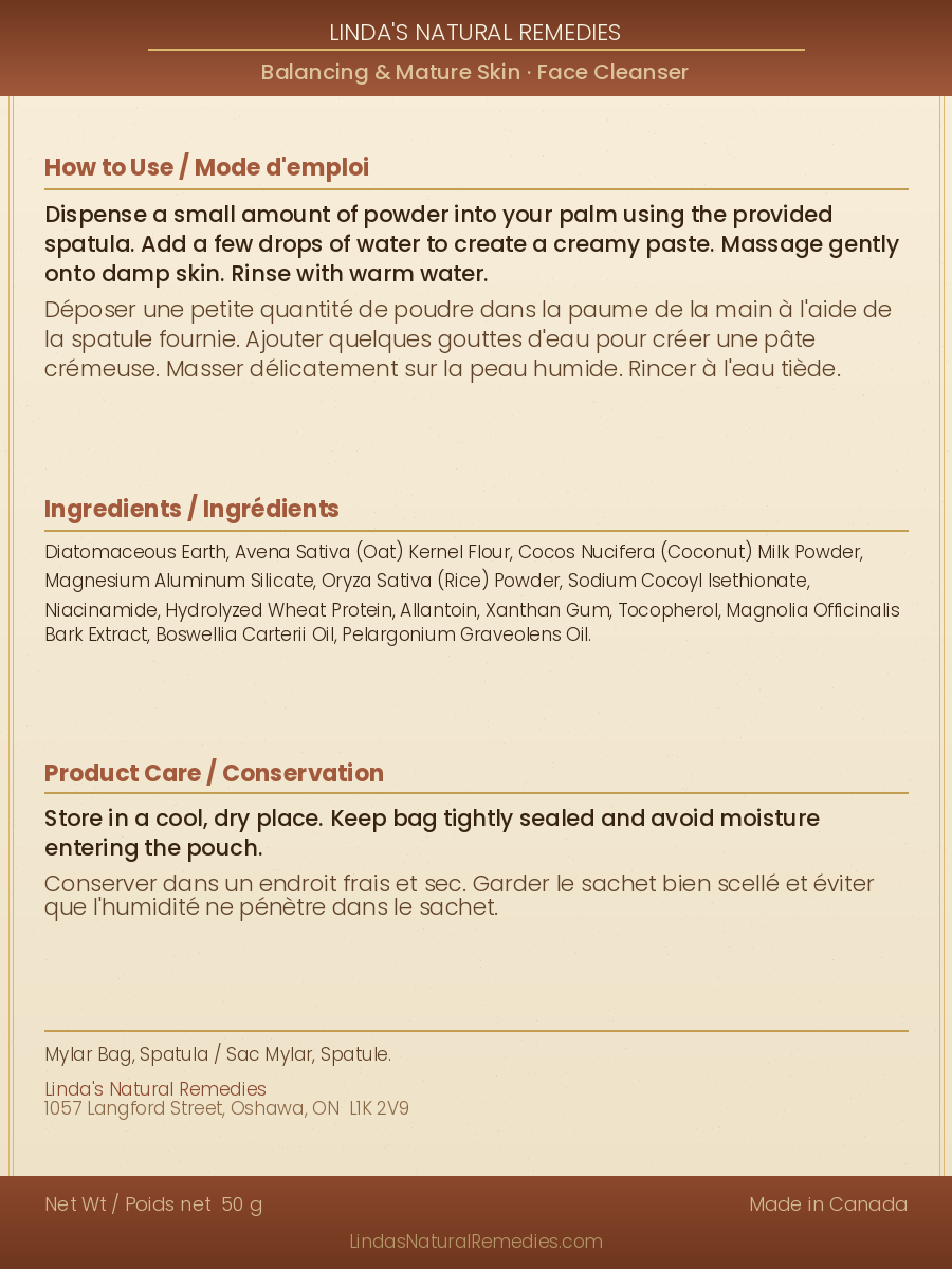 Instructions for using a face cleanser with text and product details on a brown background
