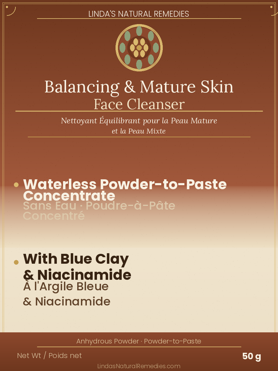Product packaging for Balancing & Mature Skin Face Cleanser with text and branding details.