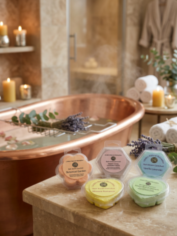 Bath bombs in clear packaging on a stone surface with a copper bathtub and candles in the background.