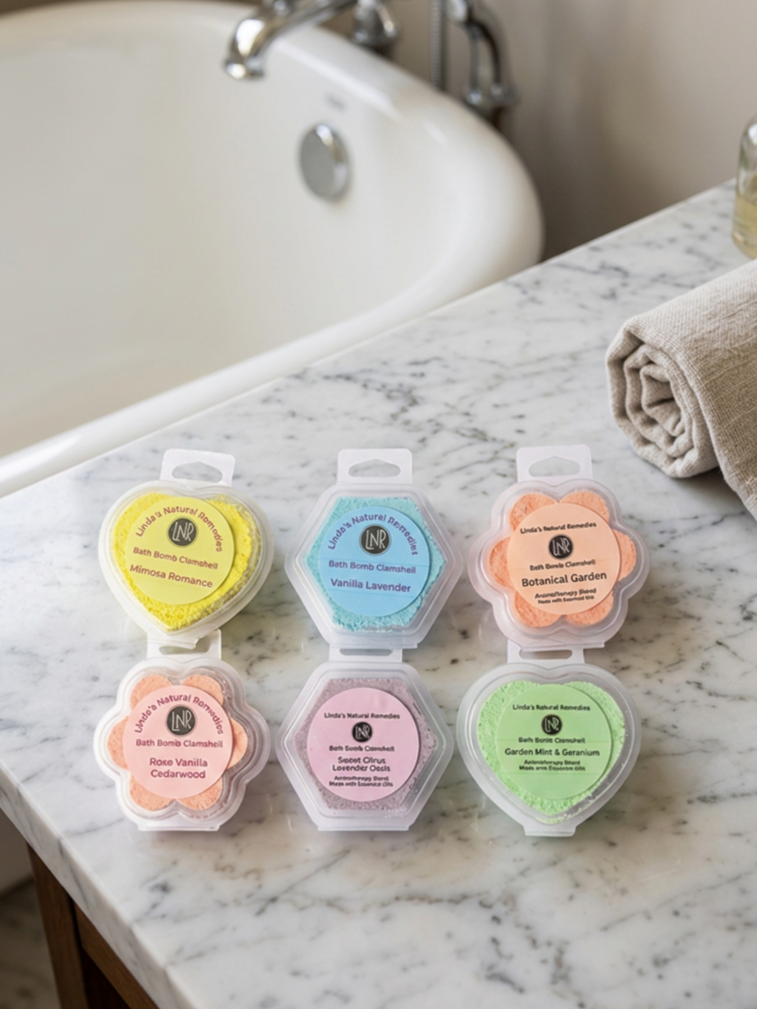 Set of six small containers with colorful lids on a marble countertop.