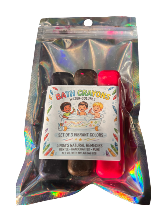 Mylar bag showing hot pink, Brown and Dark Purple colored bath crayons.