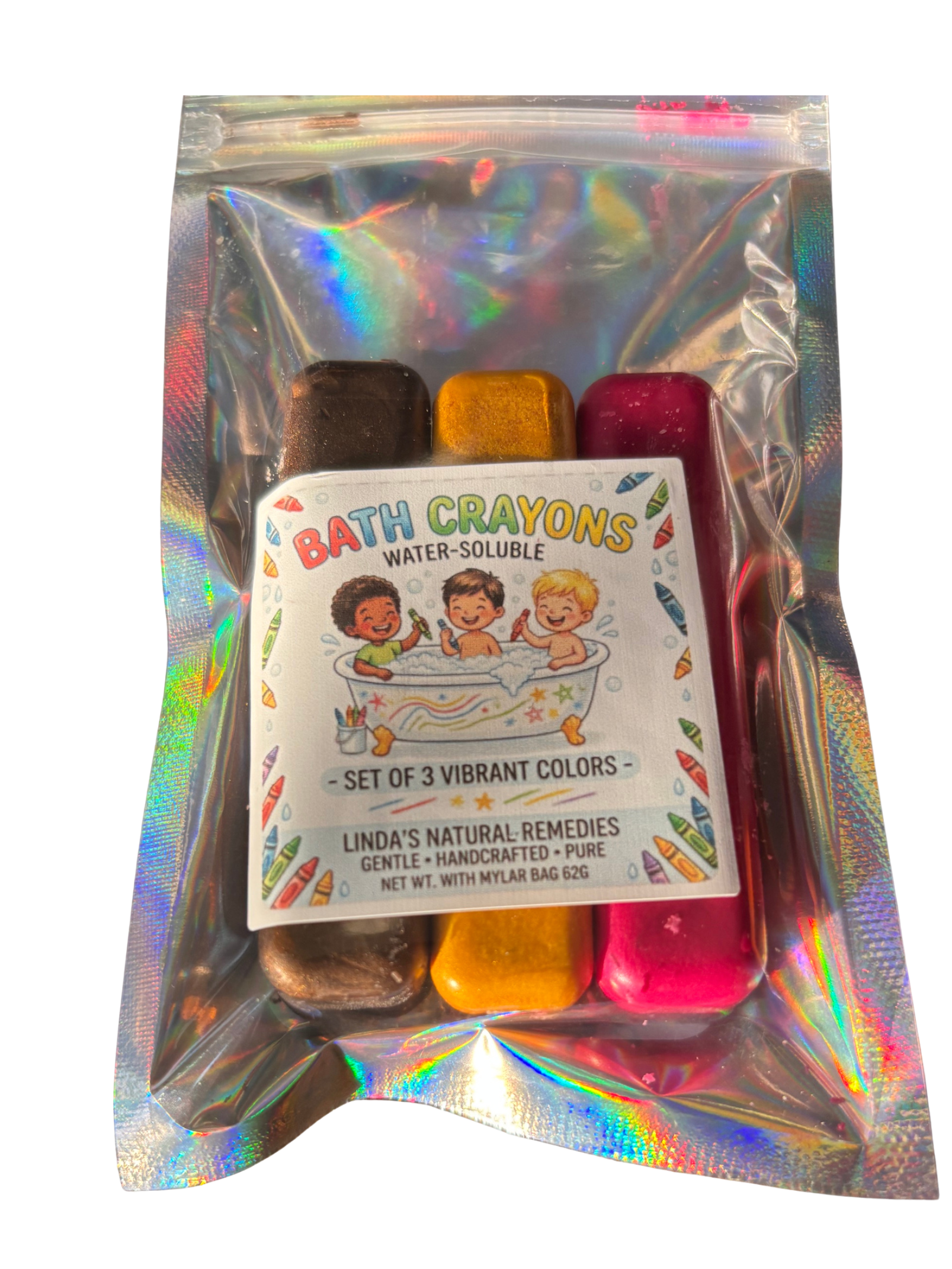 Mylar bag showing Brown, Gold and Hot Pink colored bath crayons.