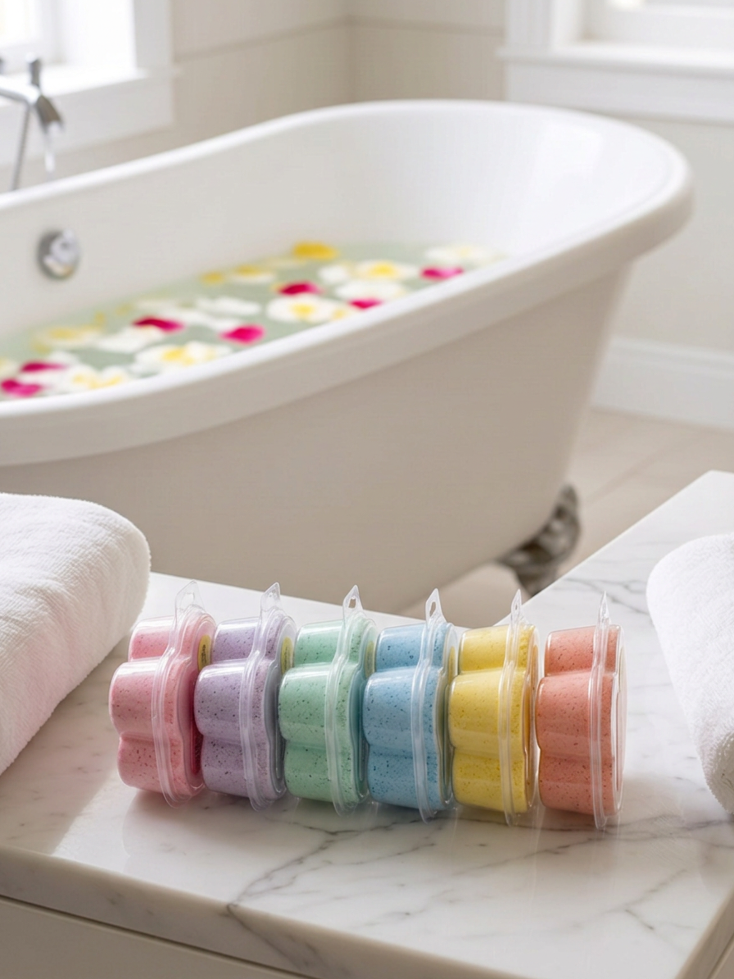 Bathtub scene with Clamshell Bath Bombs