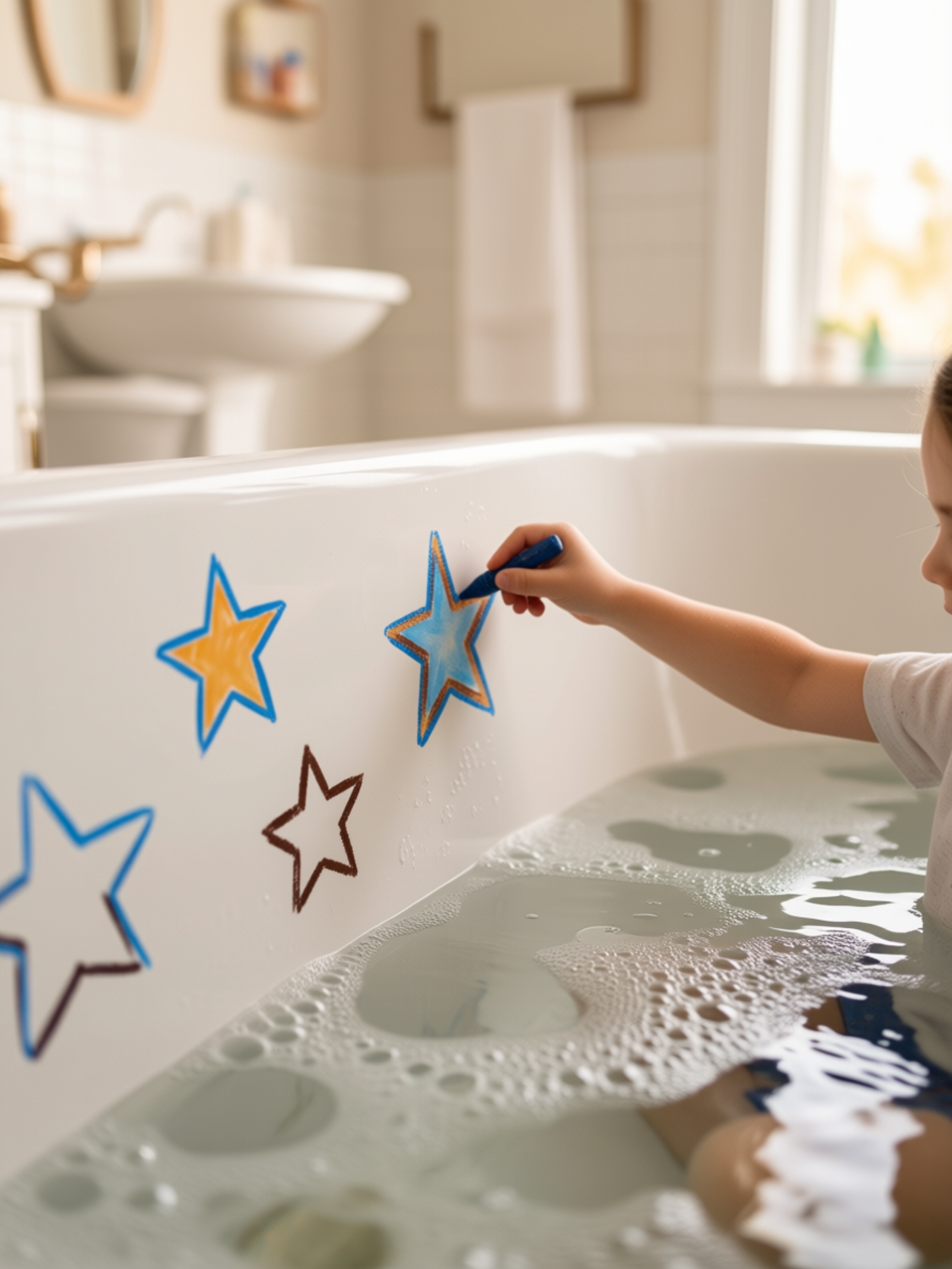 Child in tub writing with a bath crayons.