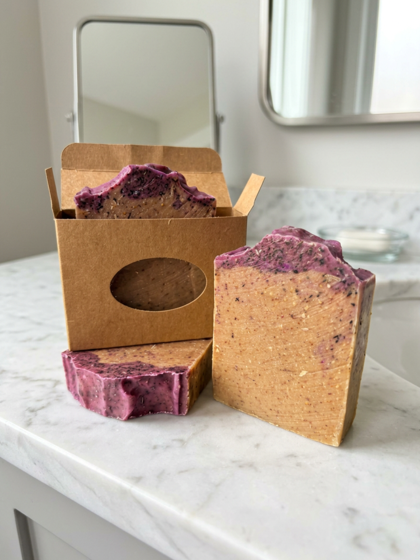 Three bars of soap with a purple top and brown base on a marble surface, one bar in an open cardboard box.