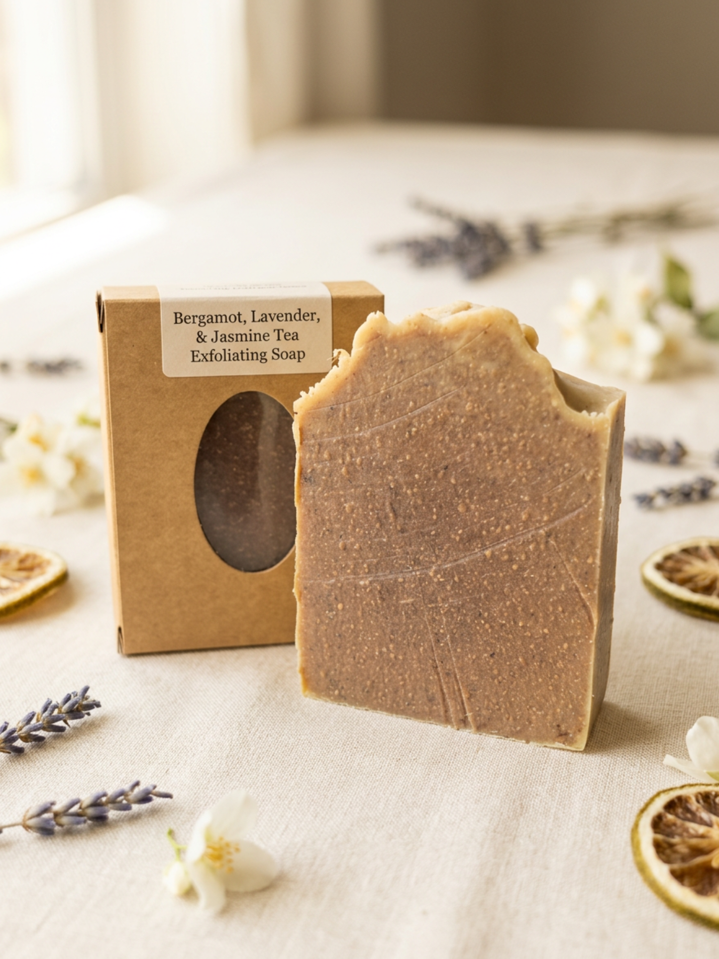 Bar of soap with a leaf pattern on a light surface, surrounded by lavender flowers and leaves.