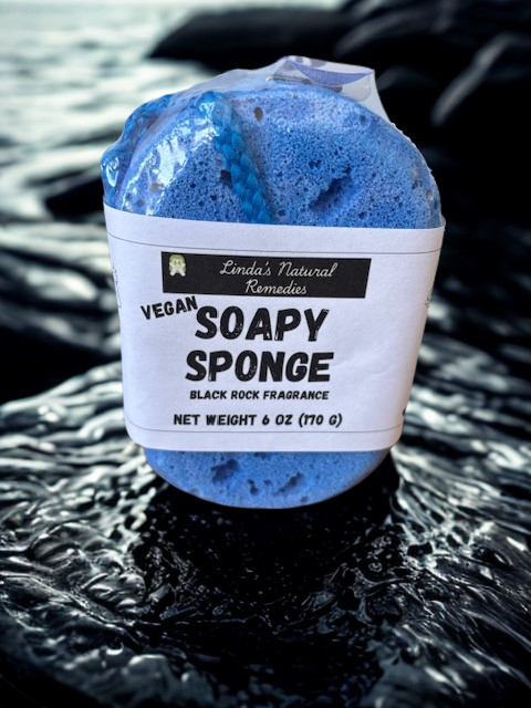 Blue soap-infused sponge with shimmering blue mica in Black Rock fragrance.