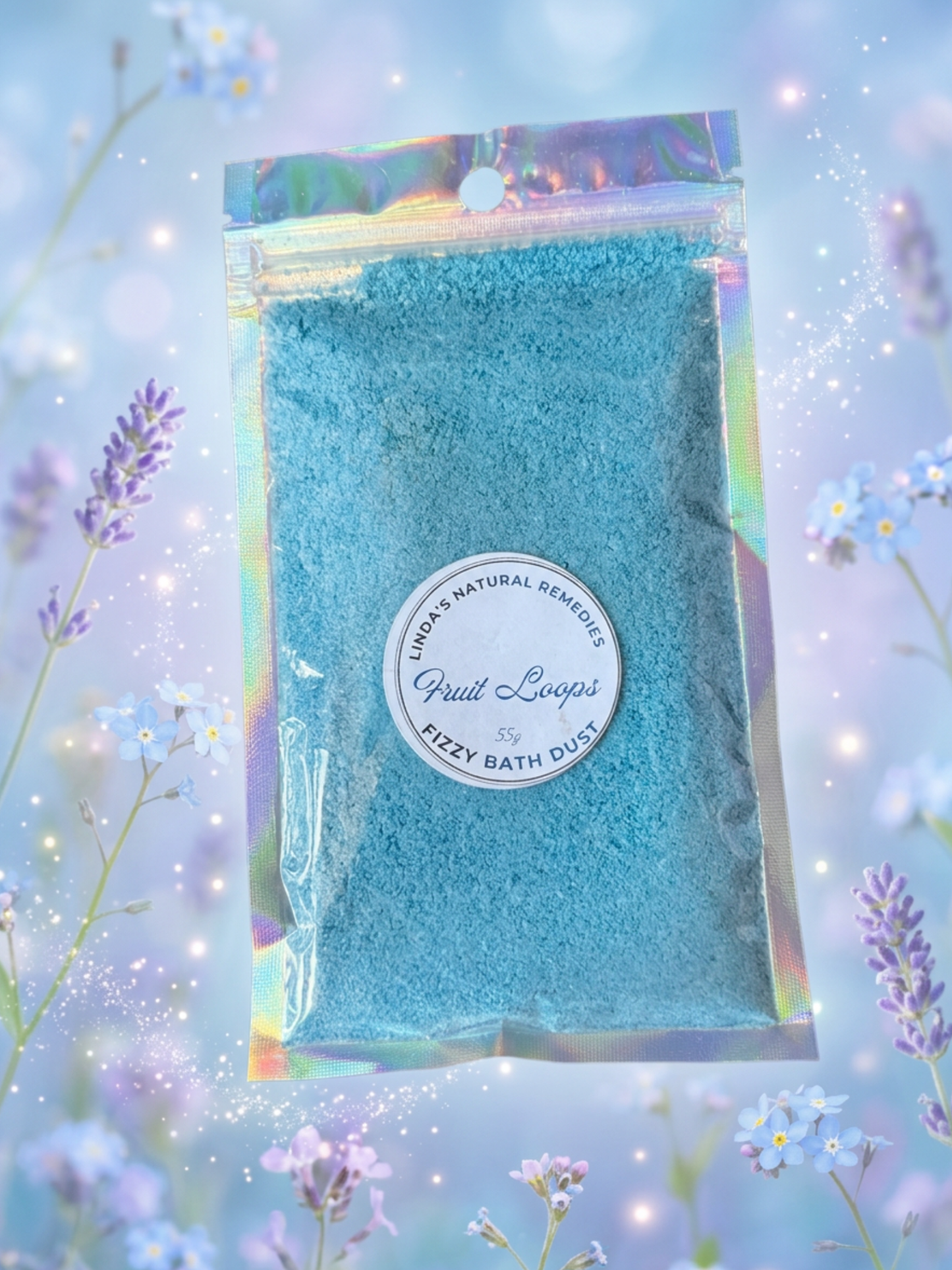Fruit Loops scented Blue Bath Dust with lavender background.