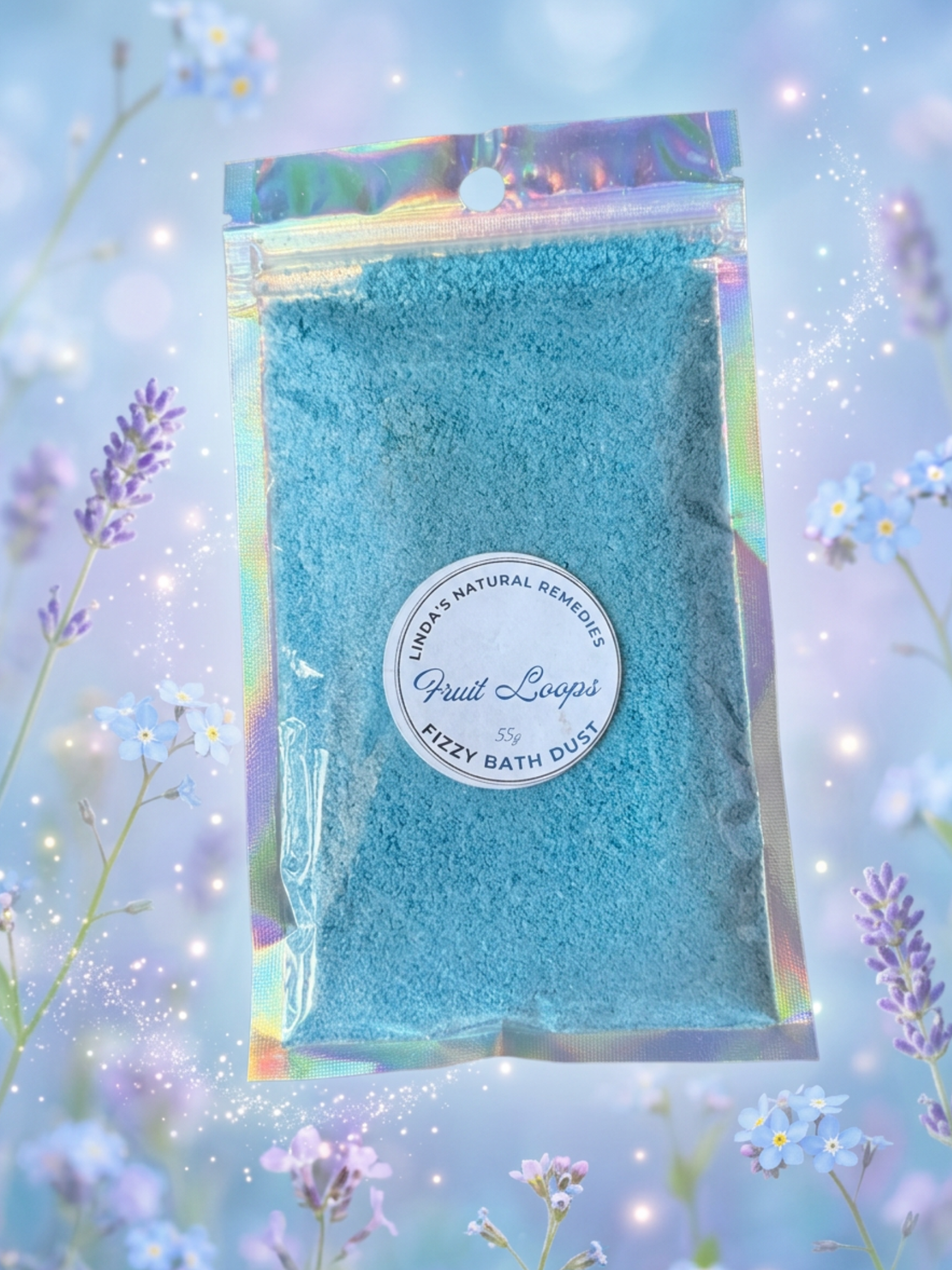 Fruit Loops scented Blue Bath Dust with lavender background.