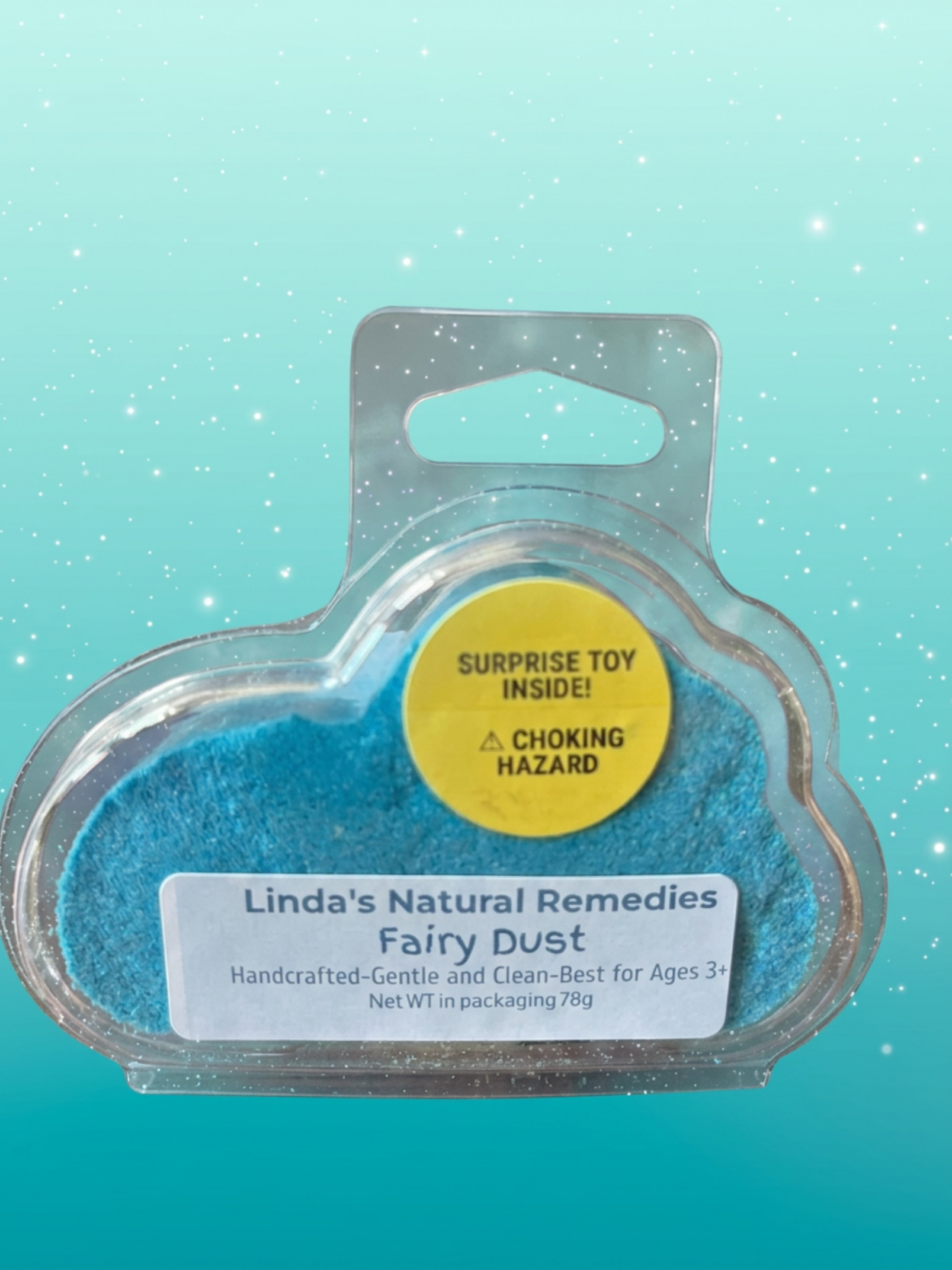 Fairy Dust scented blue bath bomb in clamshell container