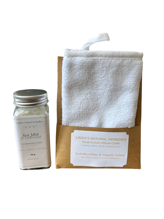 Product set with a jar labeled 'Sea Mist' and a white cloth on a brown bag, on a white background.