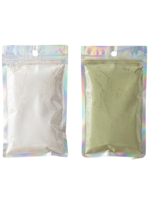 Two packages of powder, one white and one green, in holographic packaging on a white background.