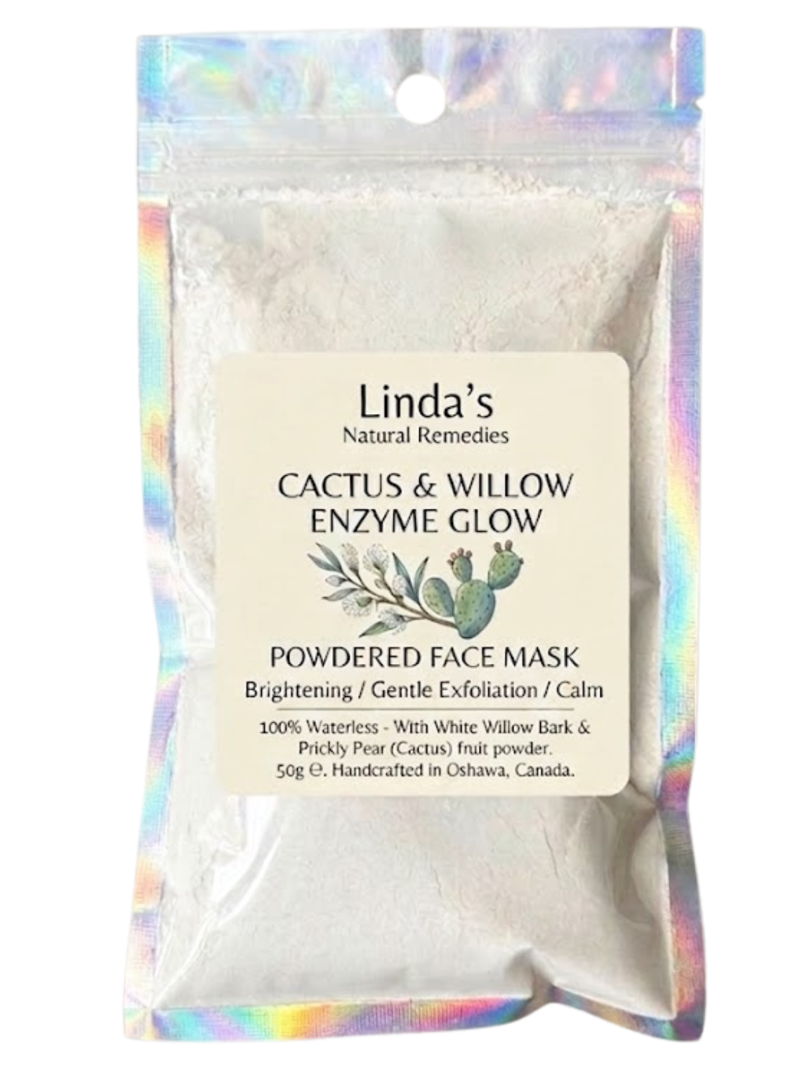 Powdered face mask packaging with 'Linda's Natural Remedies' label on a white background