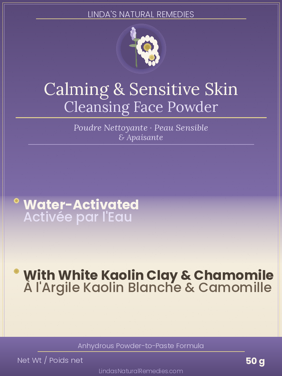 Linda's Natural Remedies Calming & Sensitive Skin Cleansing Face Powder packaging with purple background and white text.