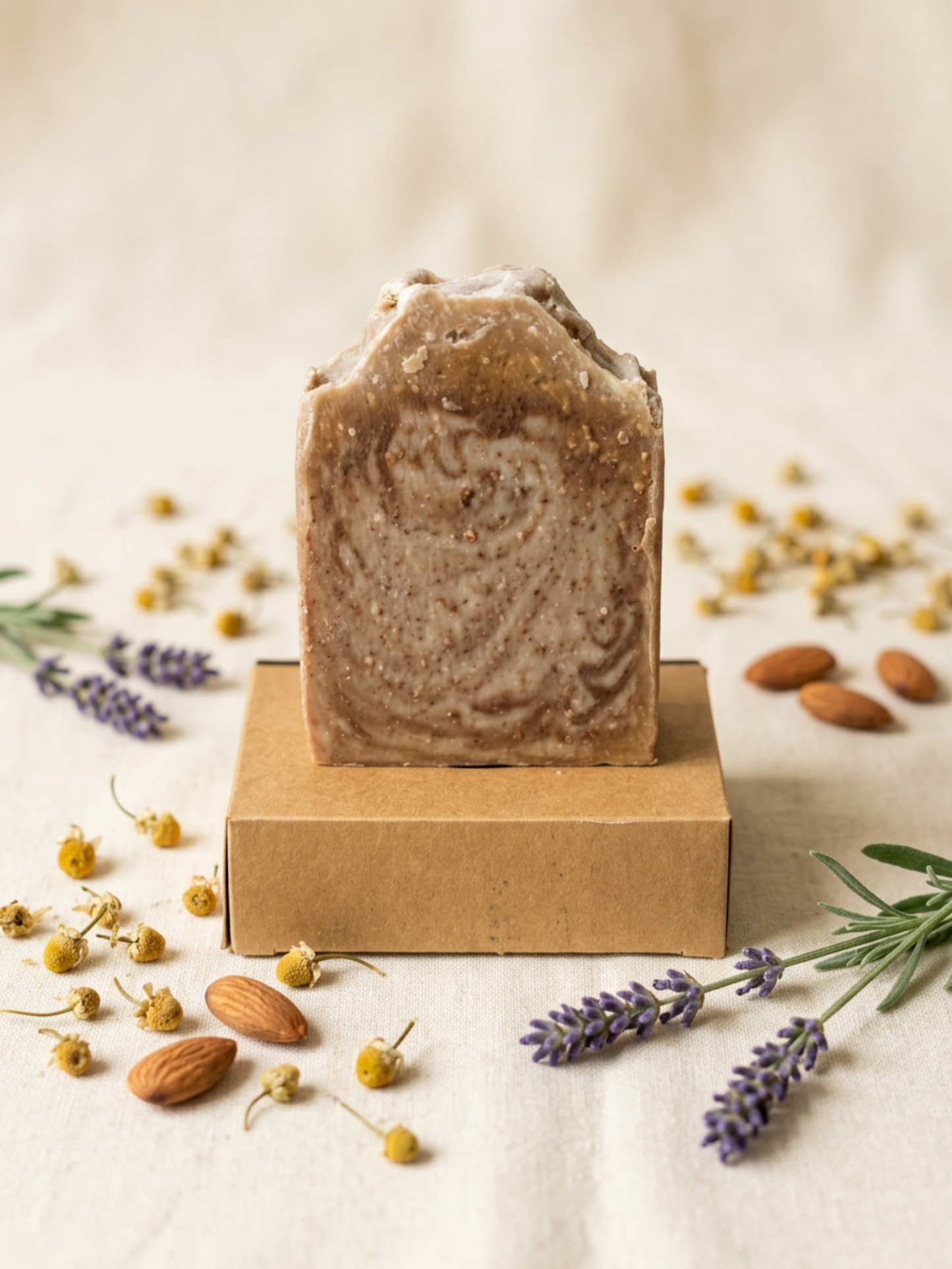 Bar of soap on a cardboard stand with lavender and almonds on a light background