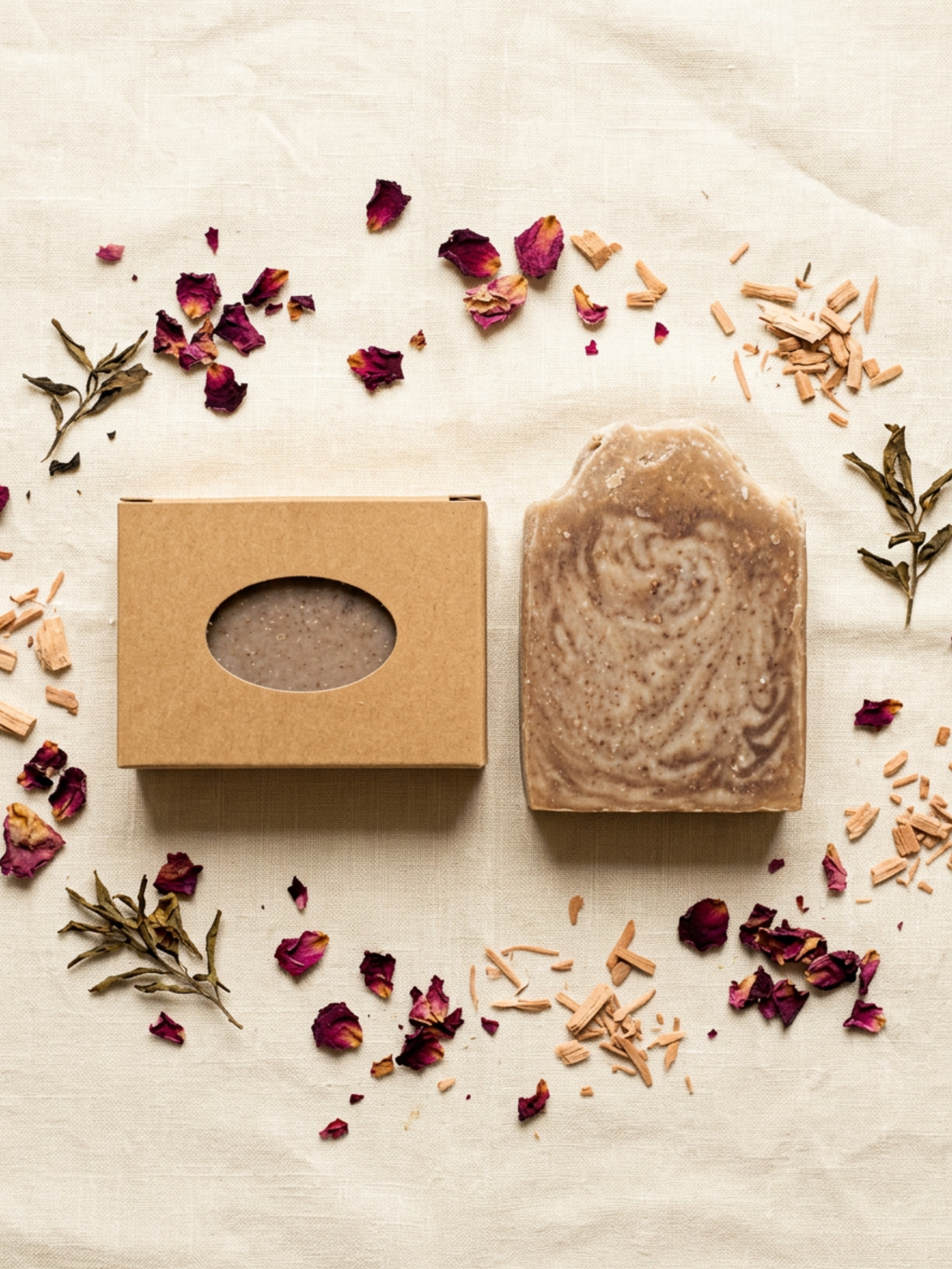 Bar of soap with a cardboard box on a light surface with dried flowers and herbs.