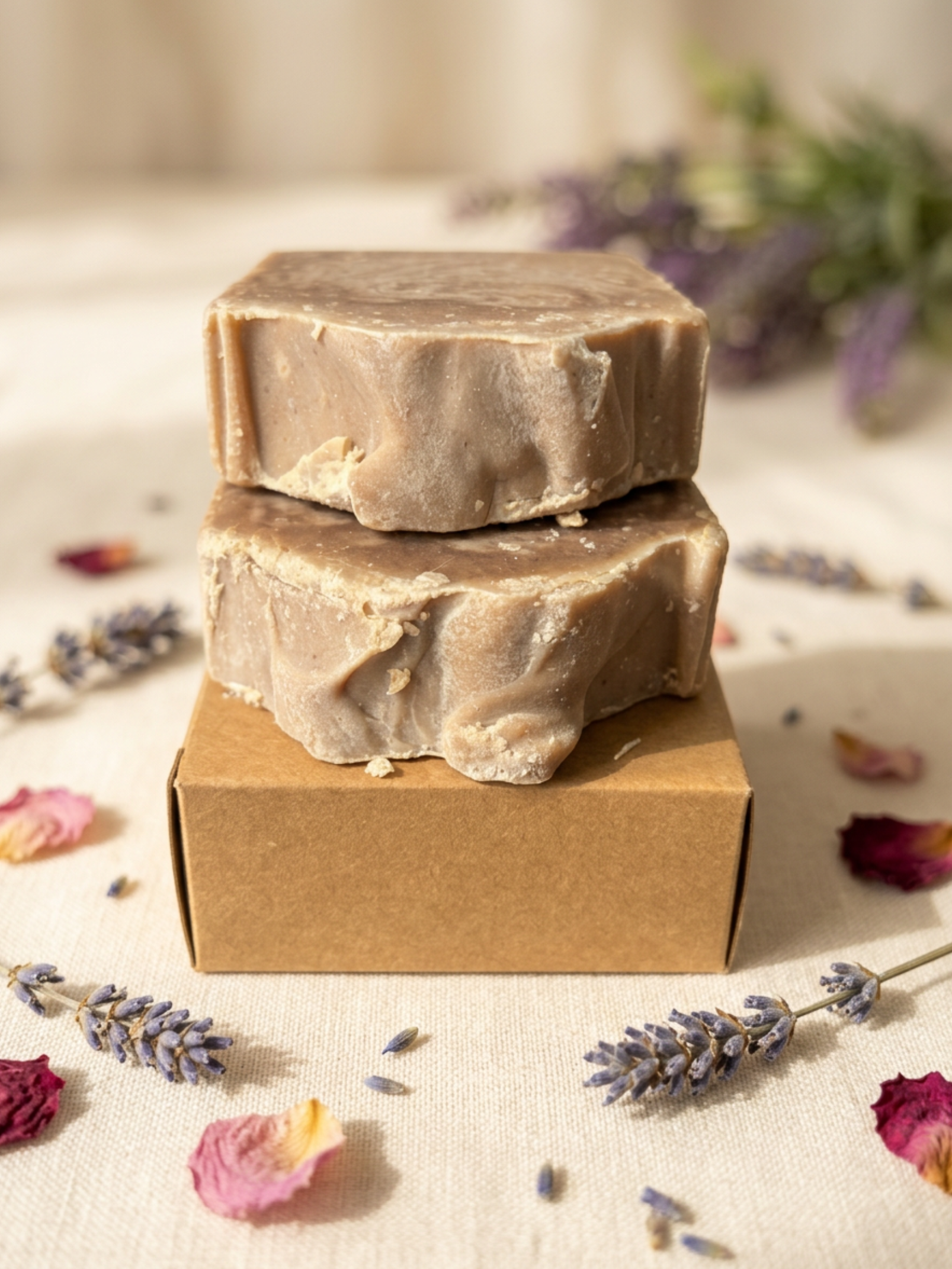 Two stacked soap bars on a brown box with lavender flowers and petals in the background