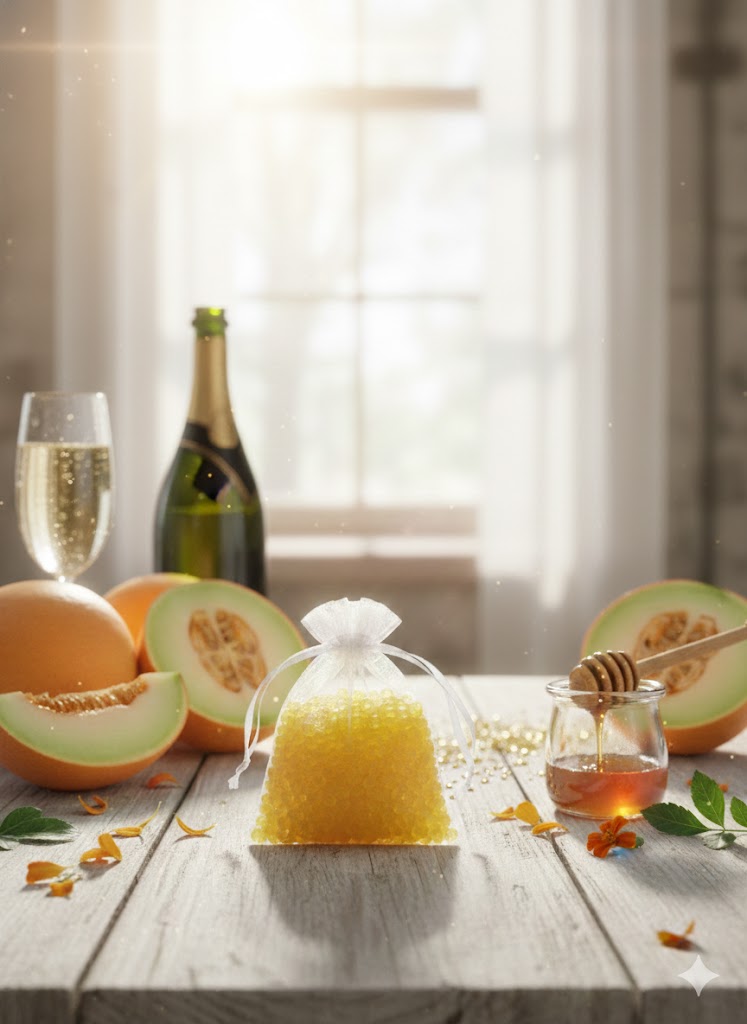 Shimmering gold shimmer mica aroma beads in a white organza bag, elegantly styled with a champagne bottle and glass in a bright room.