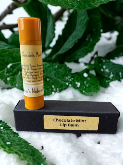 Handcrafted Chocolate Mint natural lip balm tube by Linda's Natural Remedies.