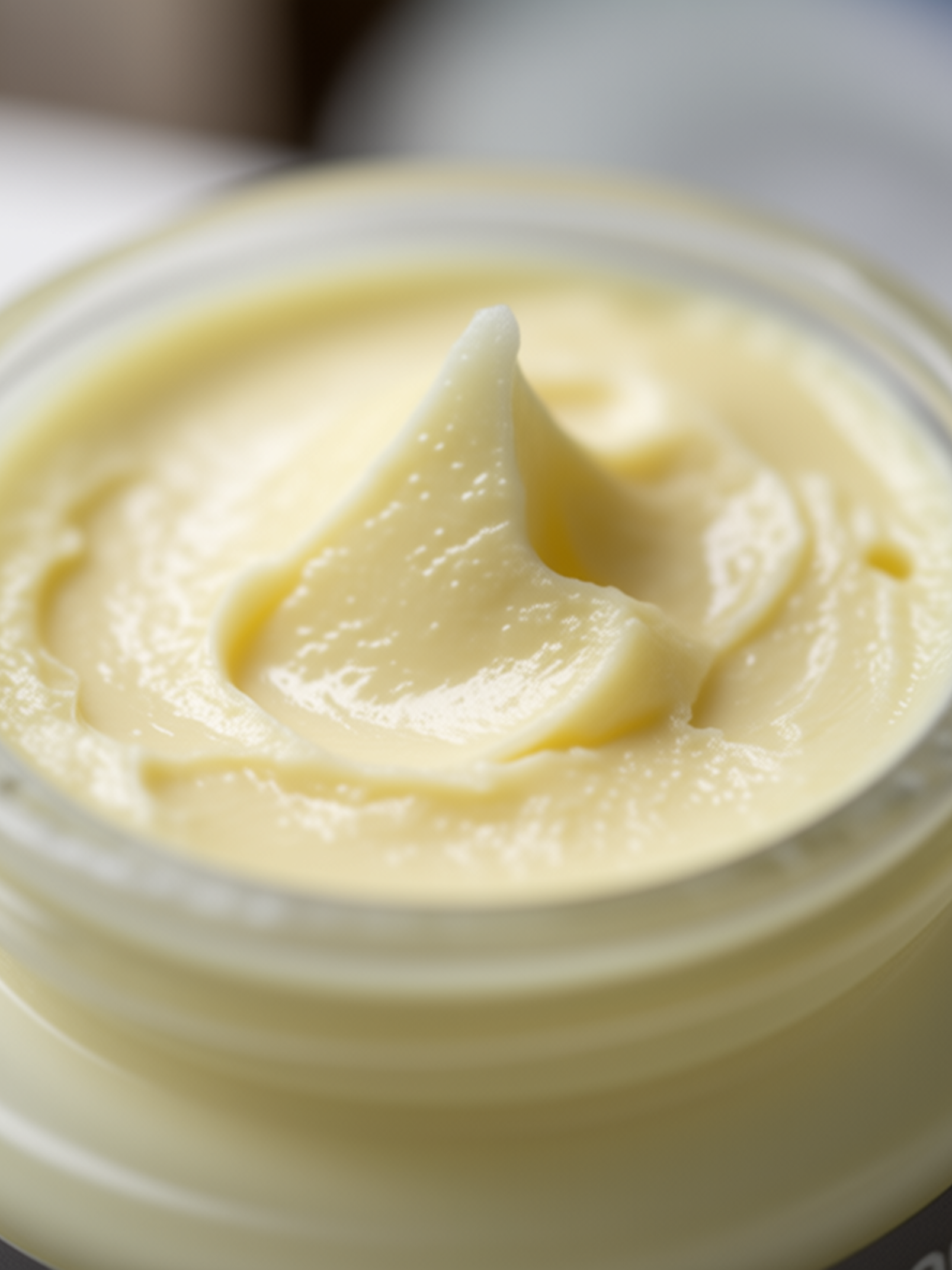 Close-up of a jar of smooth, creamy yellow substance.