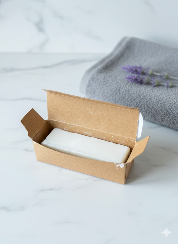 Top-down view of an artisan emulsifying scrub bar tucked inside its custom kraft window box, highlighting the plastic-free packaging.
