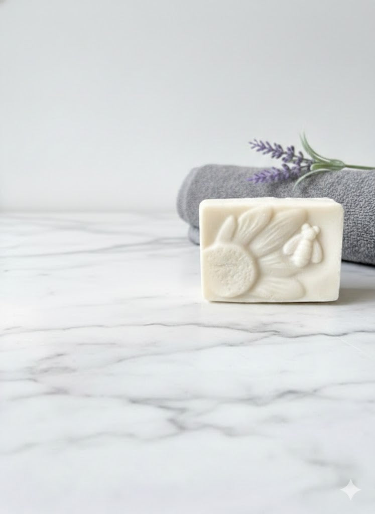 Close-up detail of a white handcrafted scrub bar featuring a raised honeybee and sunflower design, showing the exfoliating pumice texture.