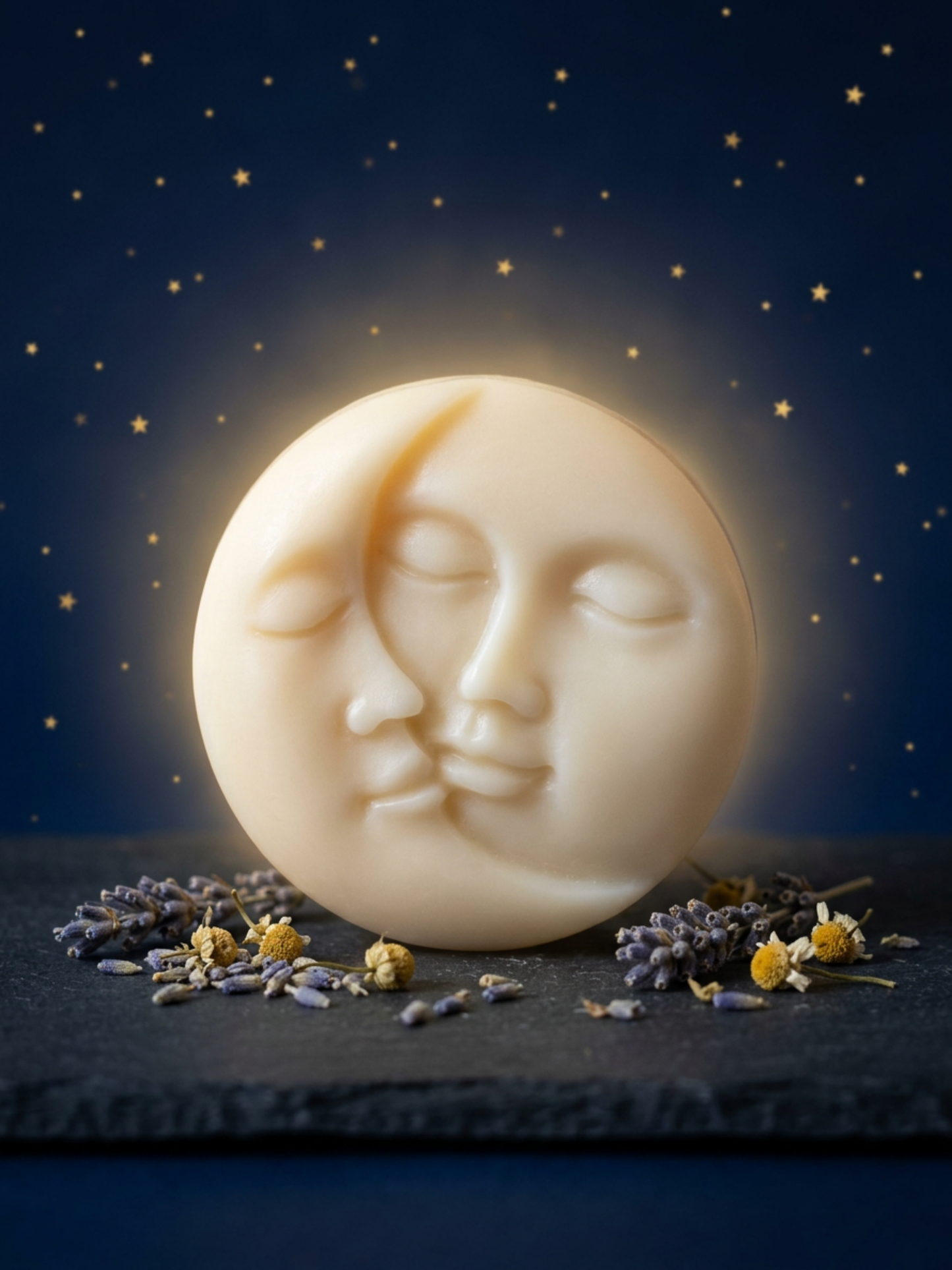 Soap bar with face design on a dark surface with lavender and flowers, against a starry night sky.