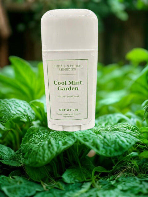 Cool Mint Garden natural deodorant for all-day freshness. An energizing blend of peppermint, spearmint, and basil essential oils by Linda's Natural Remedies.
