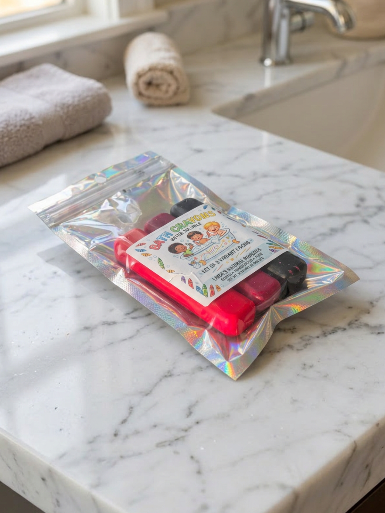 Crayons sitting on bathroom countertop in clear Mylar bag.